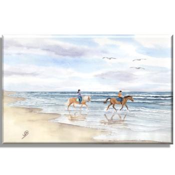 Stretcher frame canvas 40 x 30 cm linen  Watercolor Maritime Art Print North Sea Baltic Sea Denmark Horses Riding Horseriding Beach